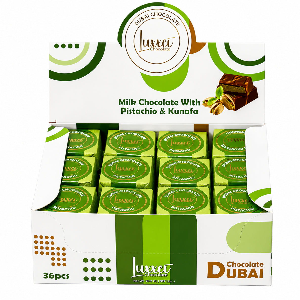 Luxxei Dubai Milk Chocolate Bar Pistachio & Kunafa 0.7oz - 36ct