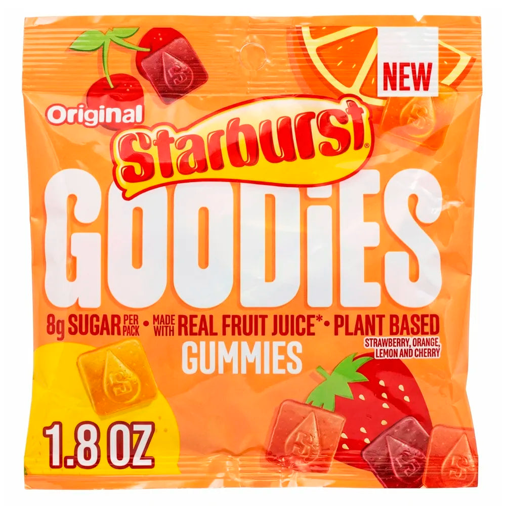 Starburst Goodies Gummies 1.8oz orange packaging with fruit illustrations