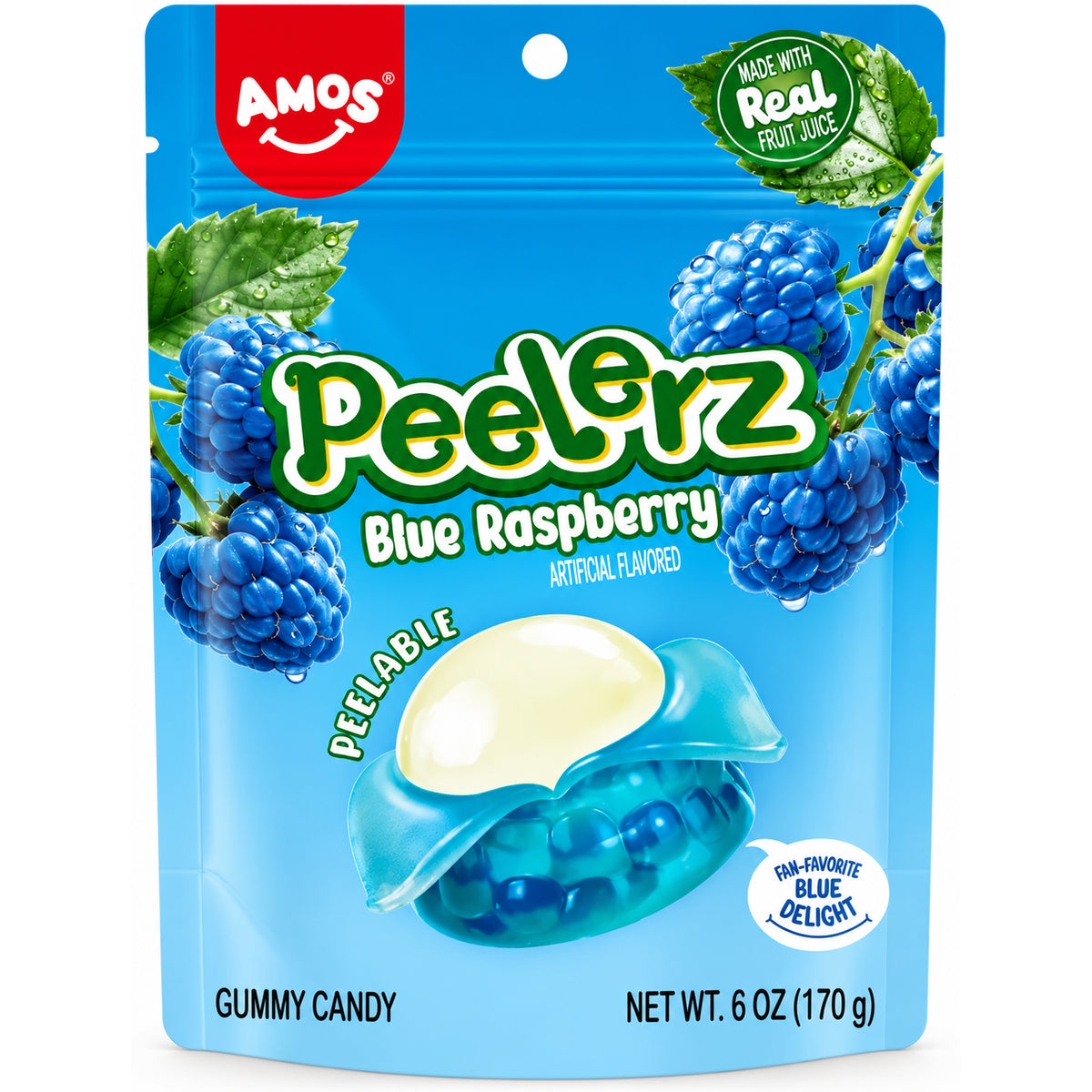 Amos Peelerz Blue Raspberry Gummy Candy 6oz