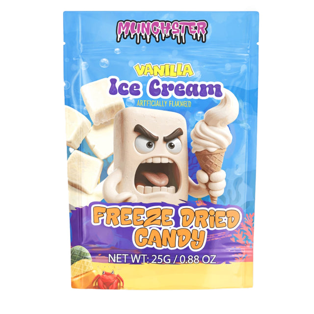 Munchster Vanilla Freeze Dried Candy 0.88oz packaging with cartoon character and ice cream